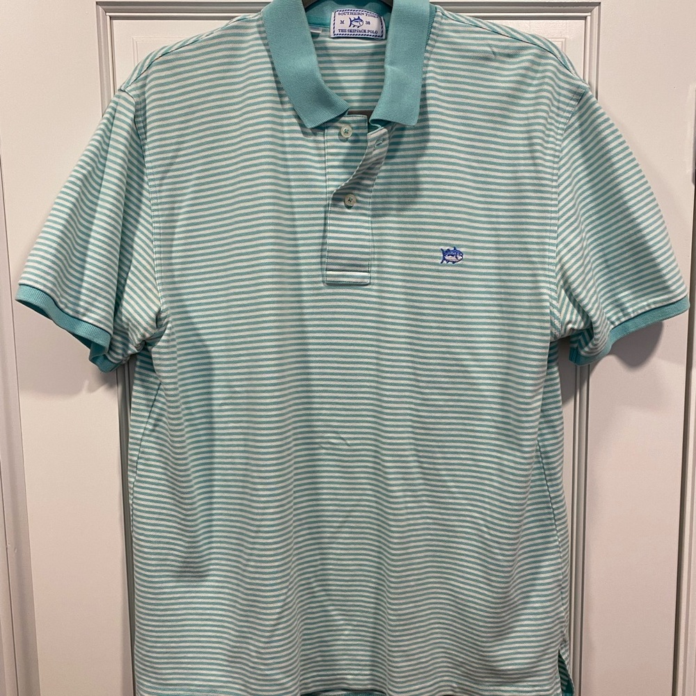 Southern Tide Polo- Aqua/White Stripe- M